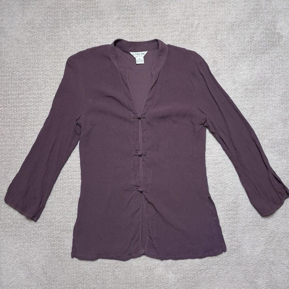 Citron Santa Monica Textured Crinkle 100% Silk Frog Closure Top Minimalist Sz PM